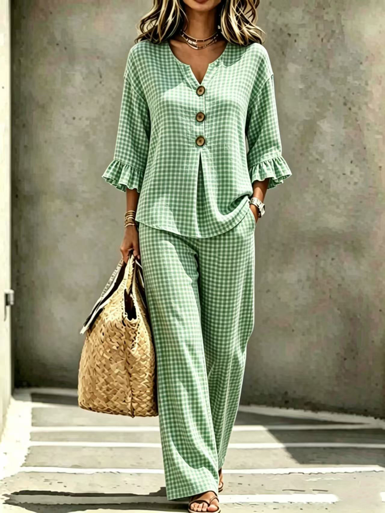 Women's Plaid V-Neck Ruffle Button Top & Pants Set