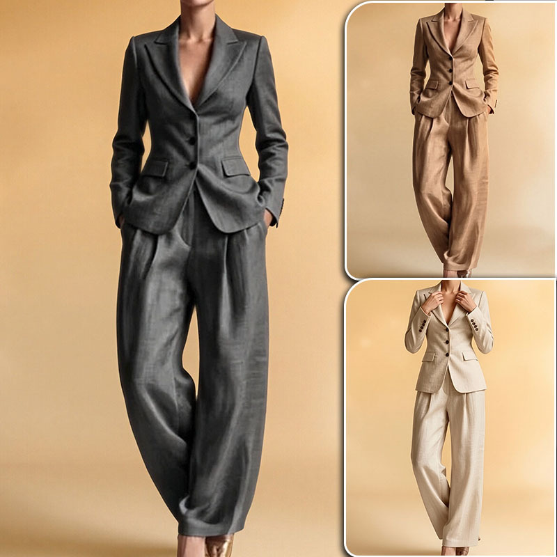 Women's Solid Color Blazer & Straight-Leg Pants Suit Set