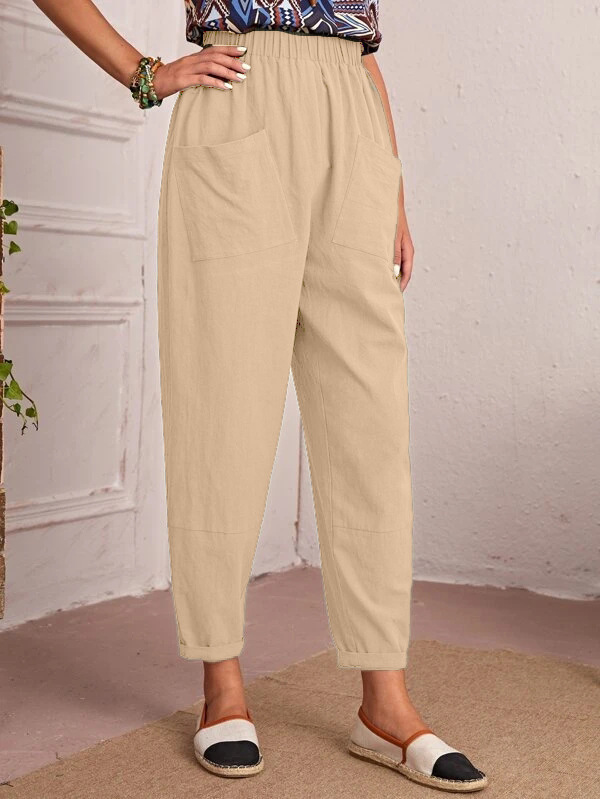 Women's Cotton-Linen Cropped Pants with Elastic Waist and Slant Pockets