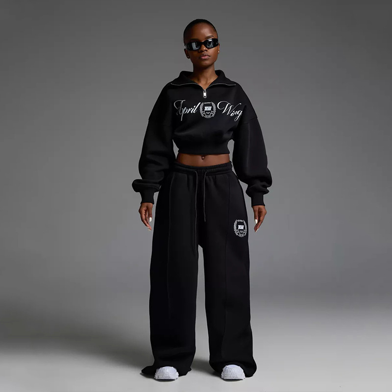 Women's Long Sleeve Collared Printed Hoodie and Tie Pants Two-Piece Set