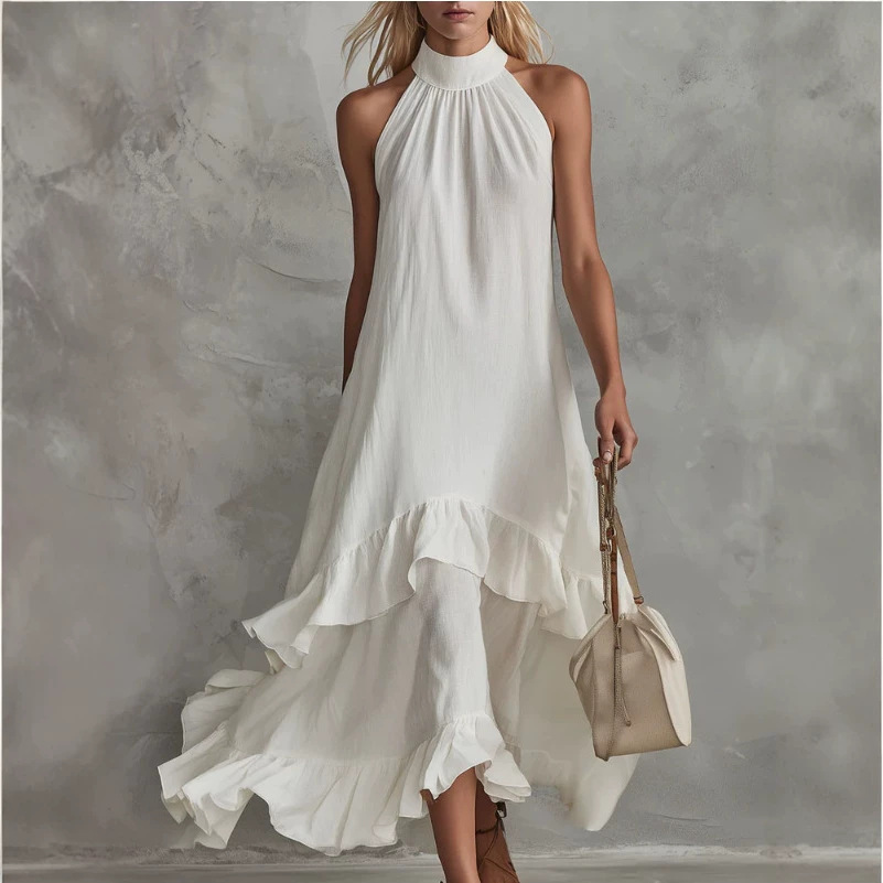 Vintage White Sleeveless Ruffle Midi Dress