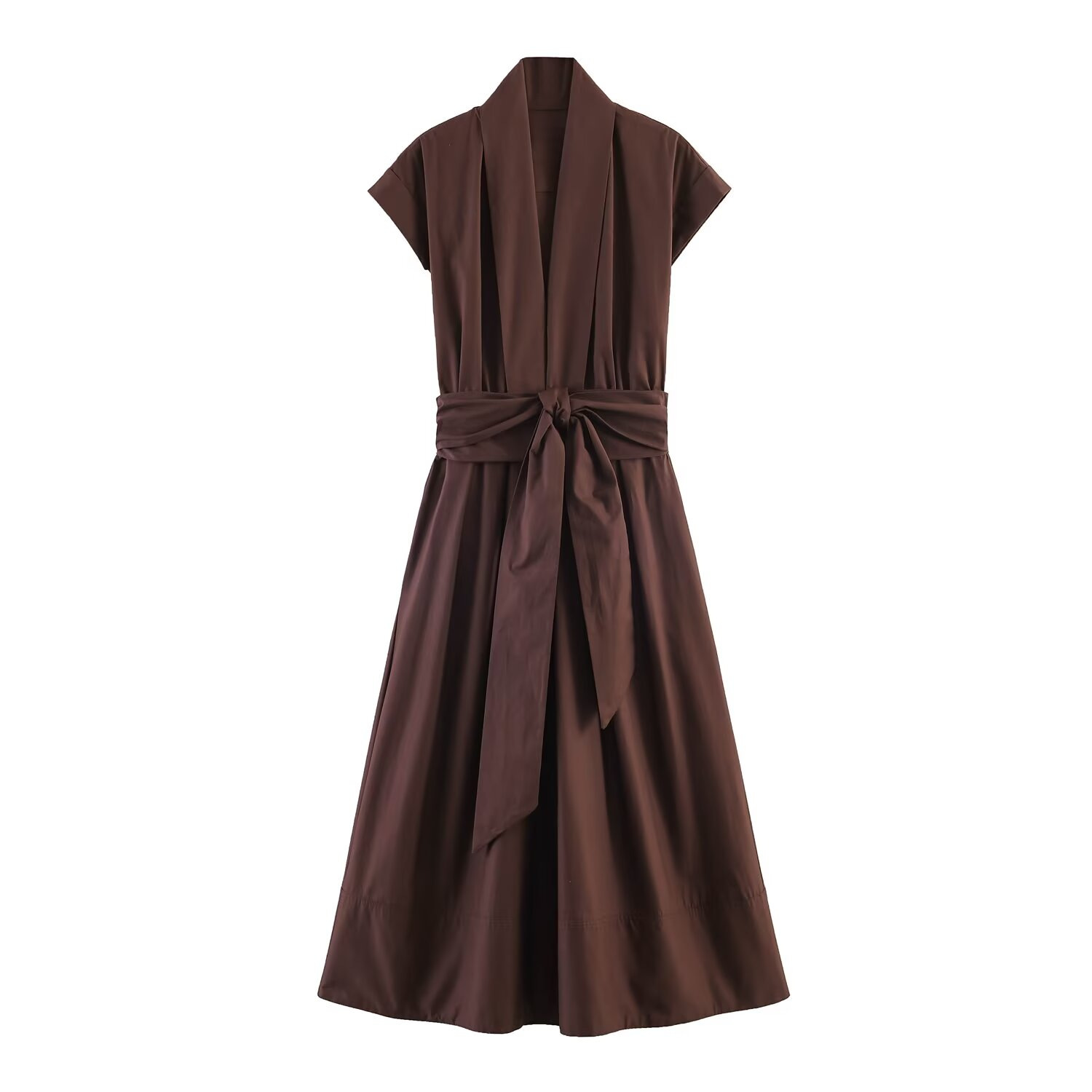 Women's Poplin Pleated Shirt Dress with Stand Collar Short Sleeve