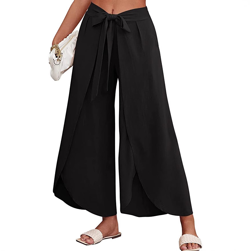 Boho High-Waist Split Wide-Leg Pants with Belt