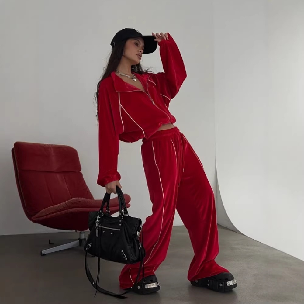 Women's Velvet Colorblock Two-Piece Set Long Sleeve Cardigan Jacket and Pants