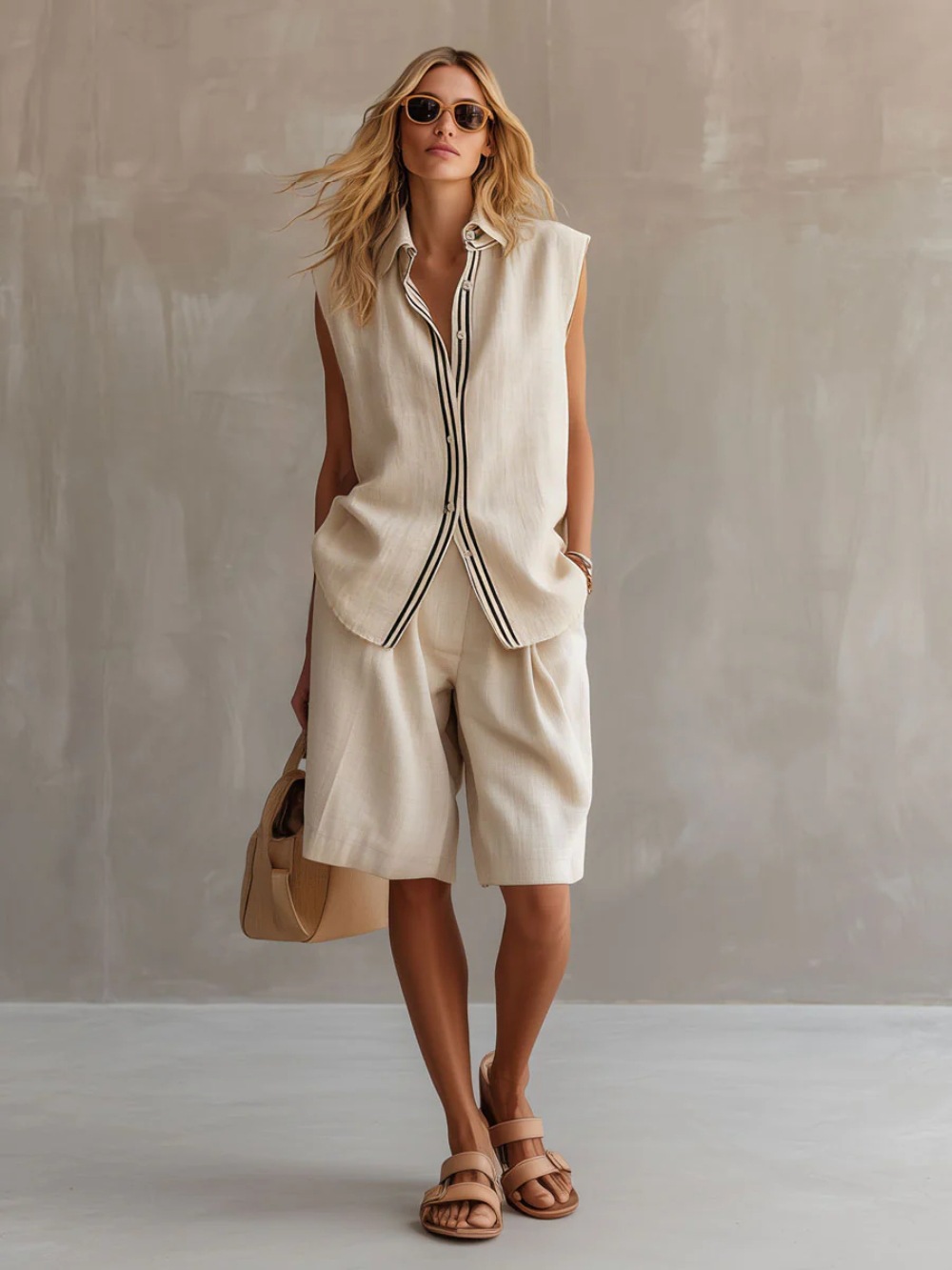 Women's Sleeveless Button-Front Linen-Blend Top and Shorts Set Casual Summer