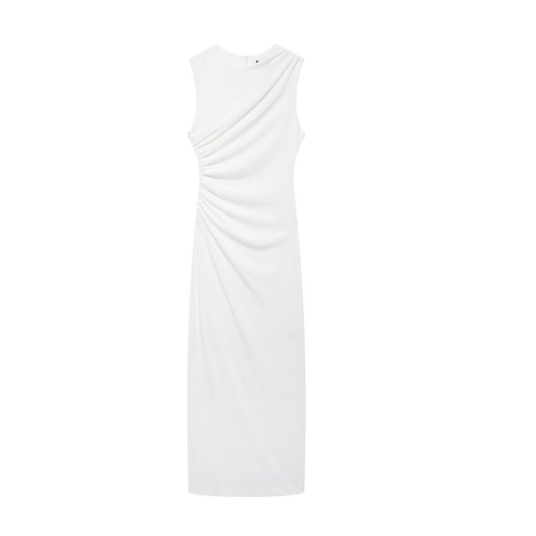 Women's Slim Fit Pleated Midi Dress Sleeveless Round Neck
