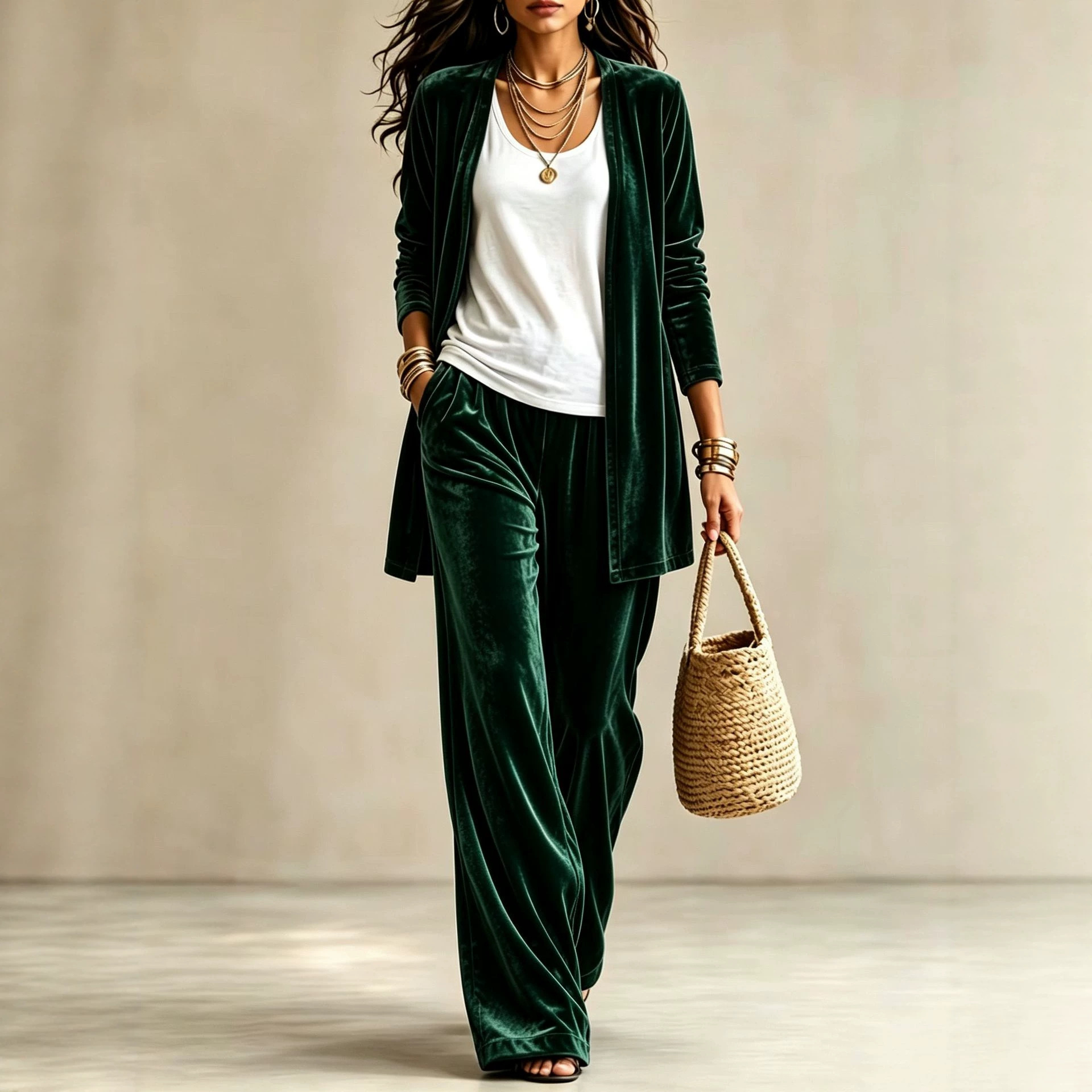 Women's 2-Piece Lounge Set: Solid Long Cardigan & High-Waist Wide-Leg Pants