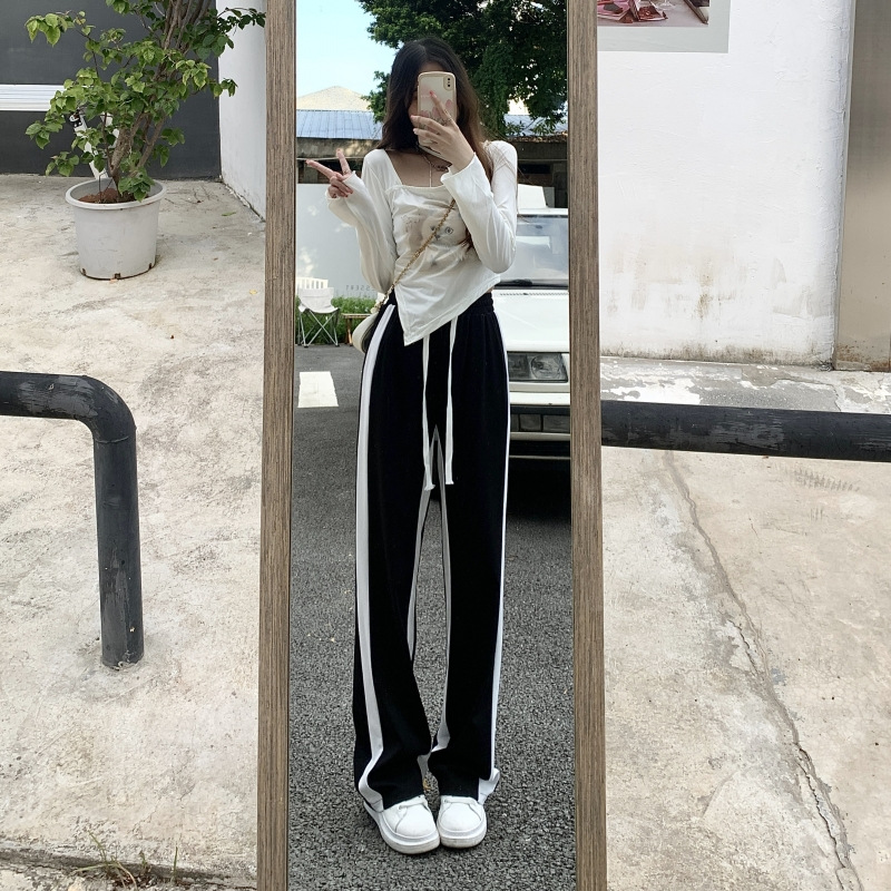 Black and White Colorblock Elastic Waist Wide-Leg Pants Women's Loose Slimming Korean Style