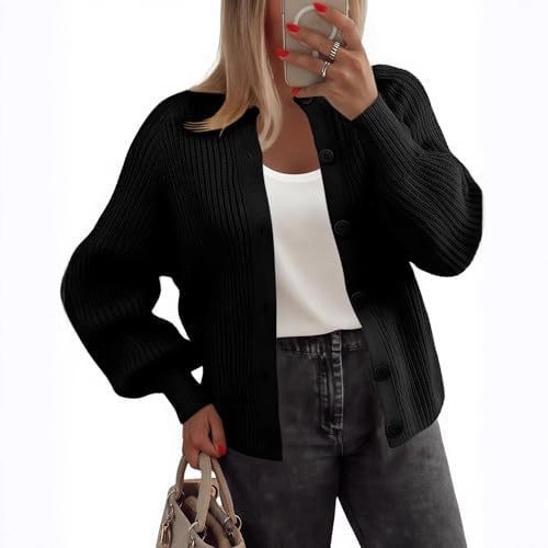 Women's Chunky Knit Button-Front Cardigan Sweater Long Sleeve Crew Neck