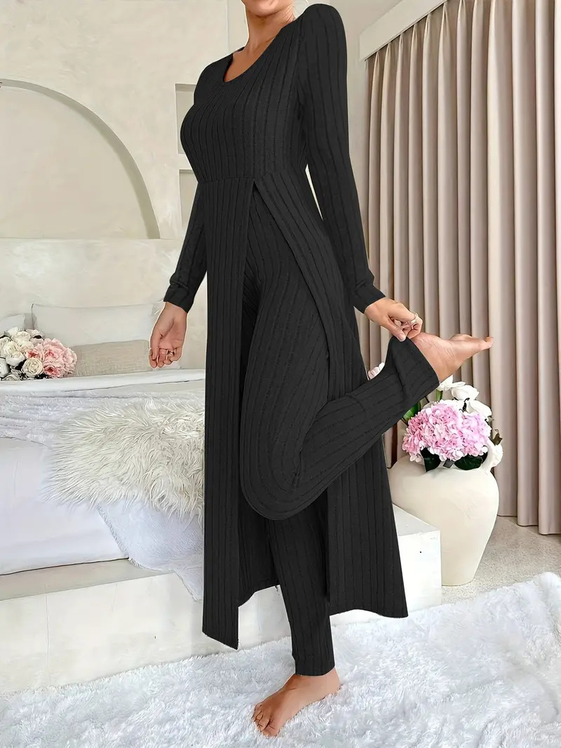 Women's Two-Piece Set with Split Hem Long Sleeve Top