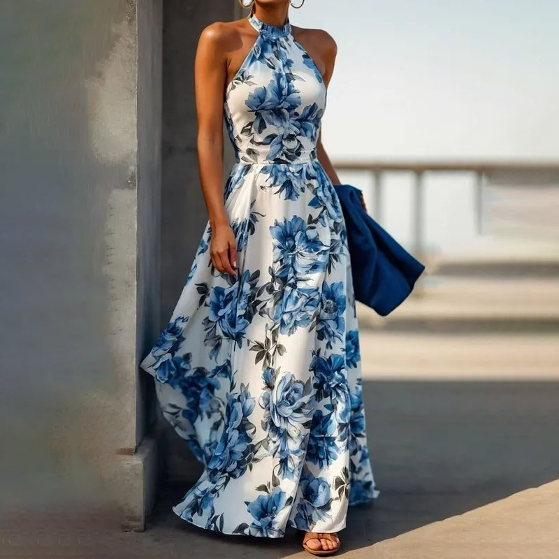 Elegant Halter Neck Sleeveless Floral Print Dress with Waist
