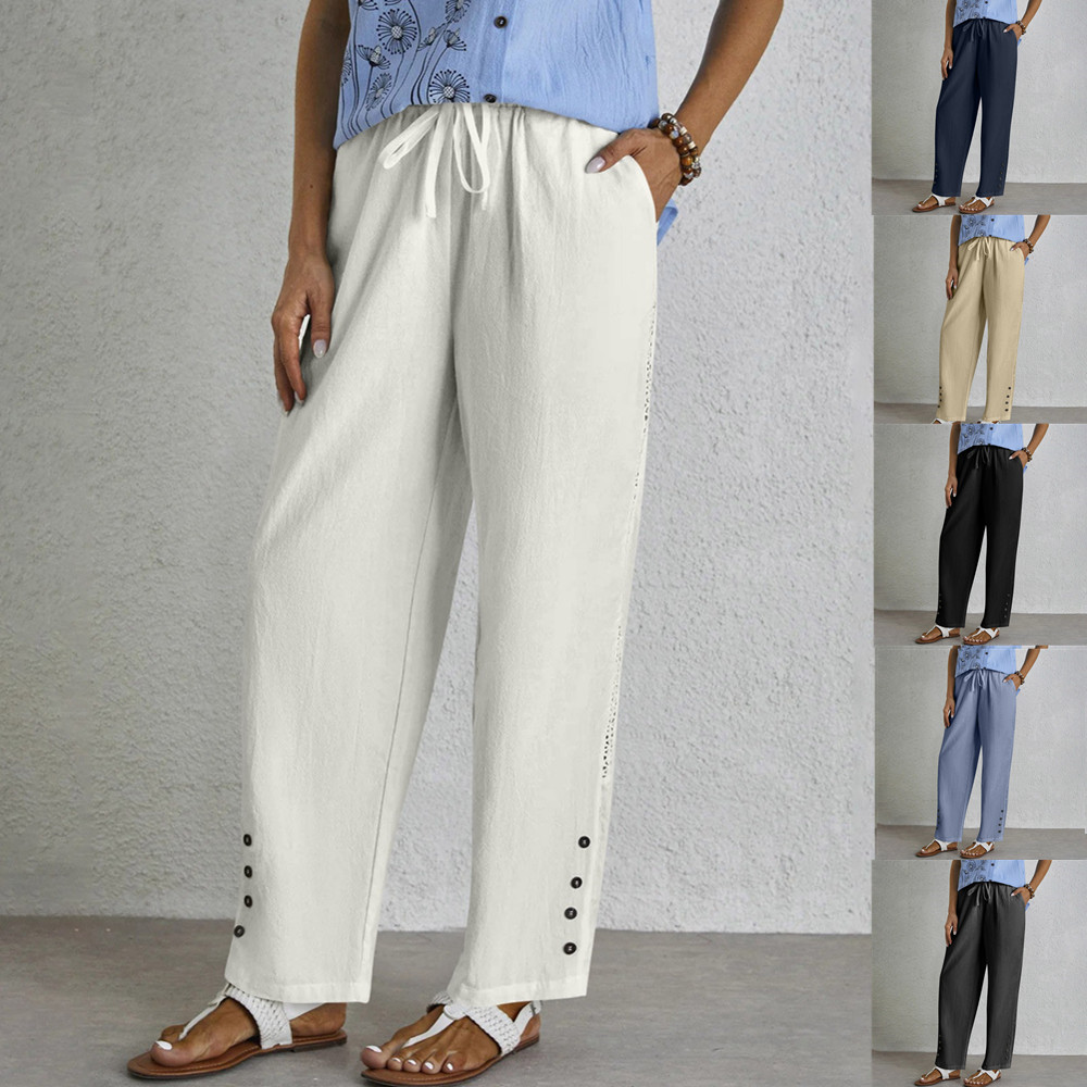Women's Cotton-Linen Drawstring Straight-Leg Casual Pants with Pockets, Lace Trim & Buttons