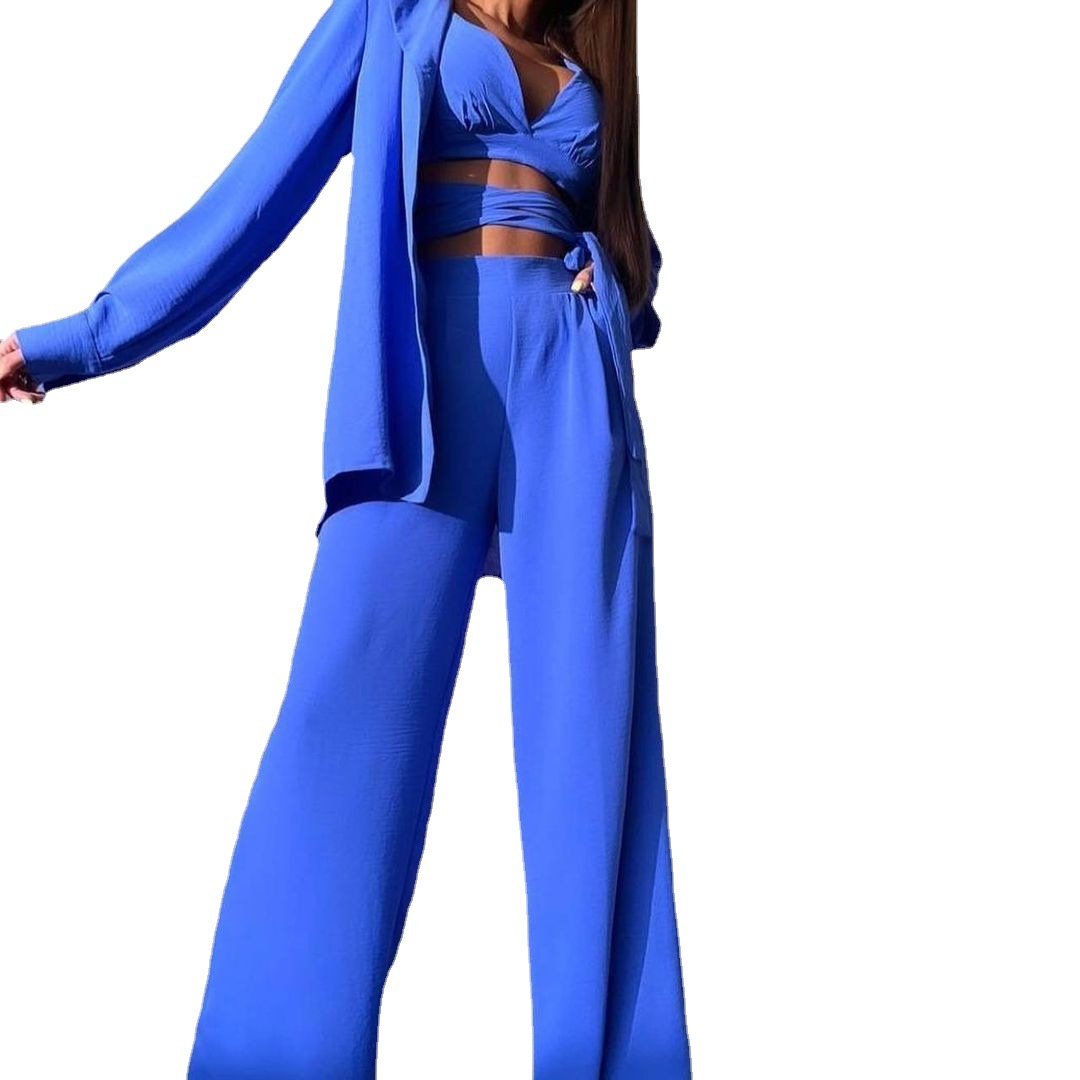 Lace-Up Cami Top and High-Waist Straight Pants Suit with Blazer