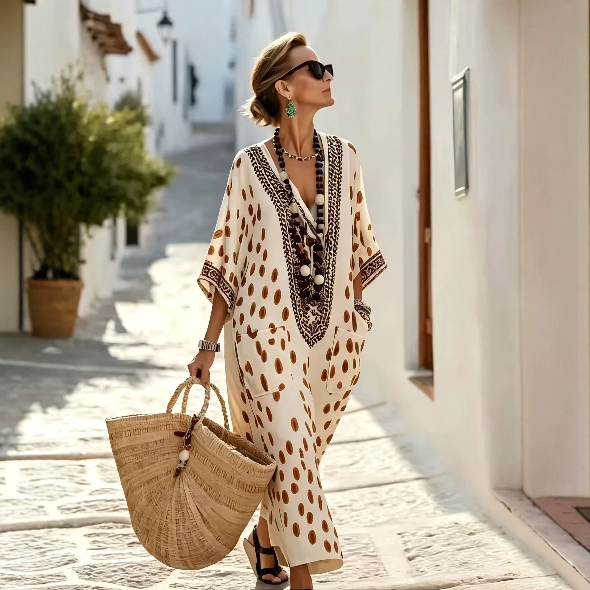 Women's Floral Polka Dot Print Midi Dress Deep V-Neck Five-Sleeve Slim Fit Casual