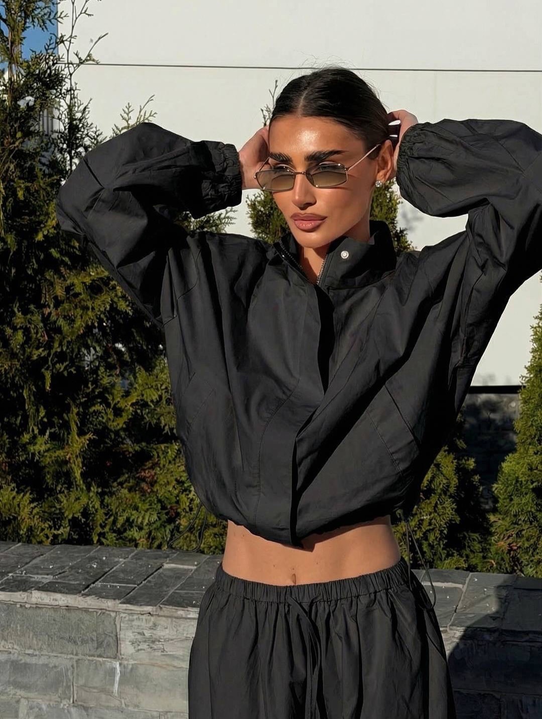 Women's Casual Two-Piece Set with Cropped Zip Cardigan and Wide-Leg Pants
