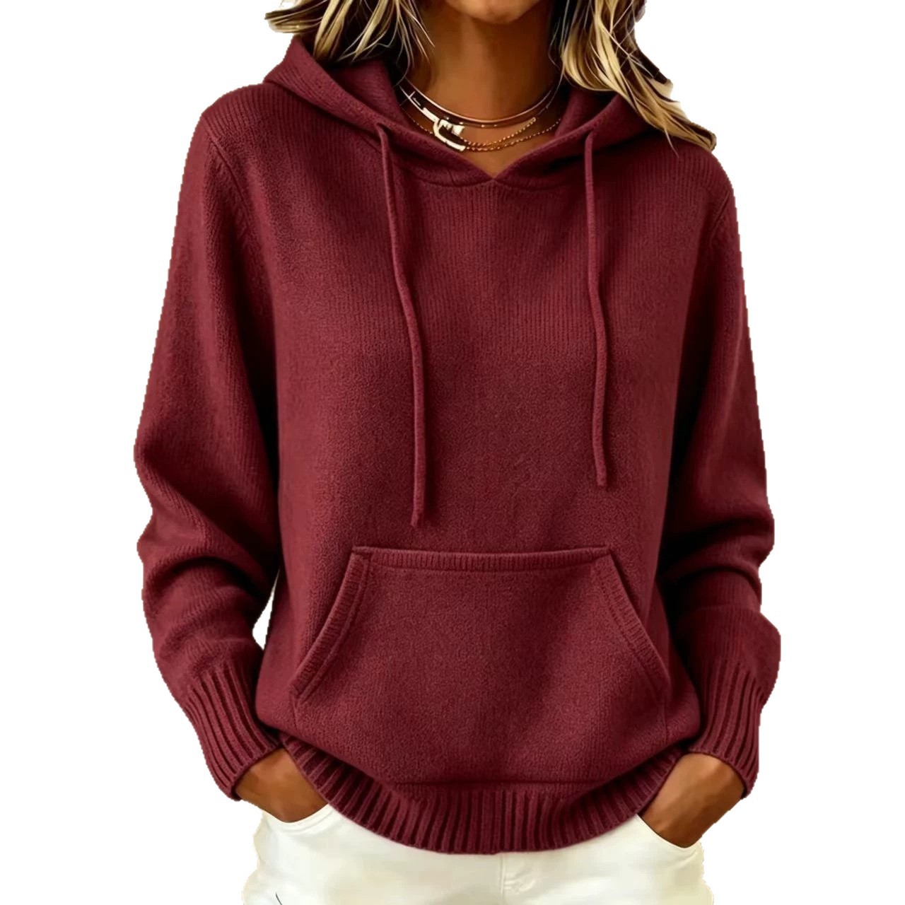 Women's Knit Hooded Pullover Sweater with Pockets Solid Color