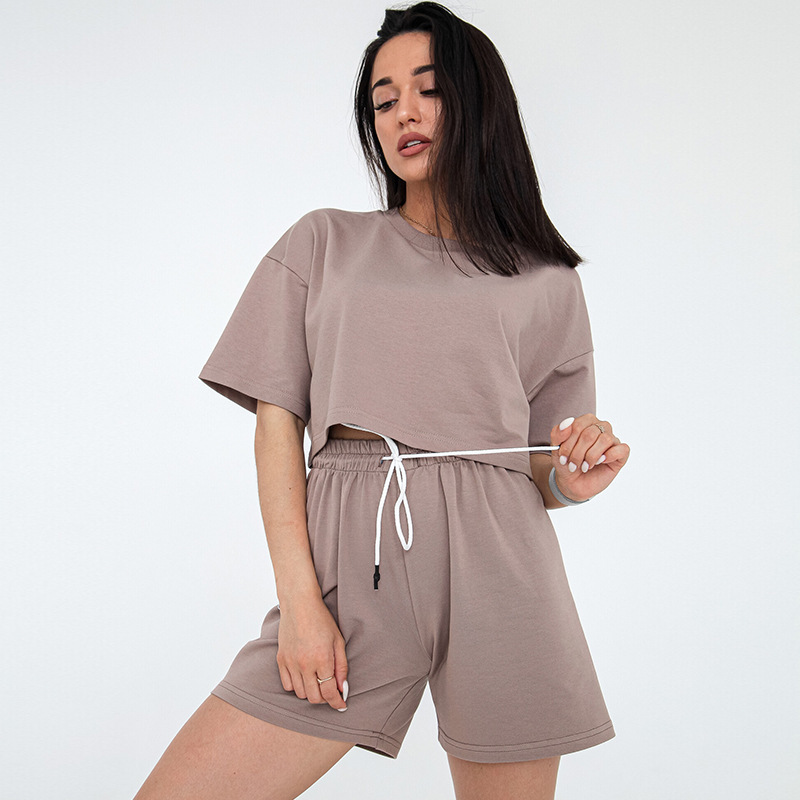 Women's Solid Color Cropped Short Sleeve Drawstring Shorts Set Casual Loose Fit
