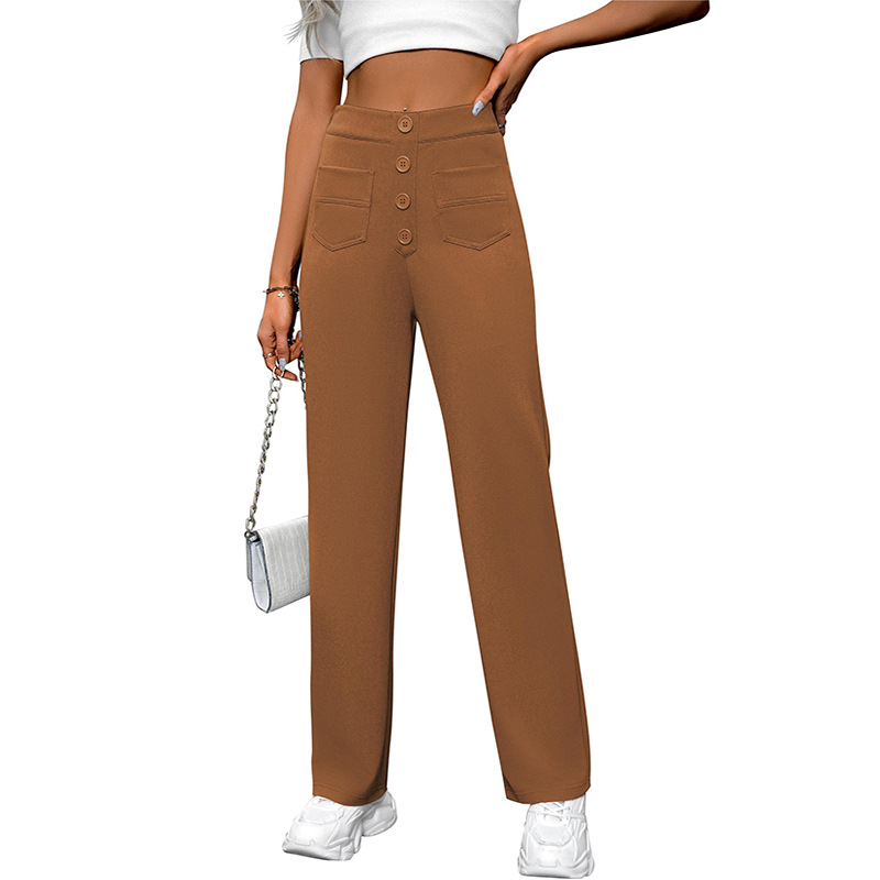 High-Waist Wide-Leg Button Pants with Pockets Casual Straight-Leg Trousers