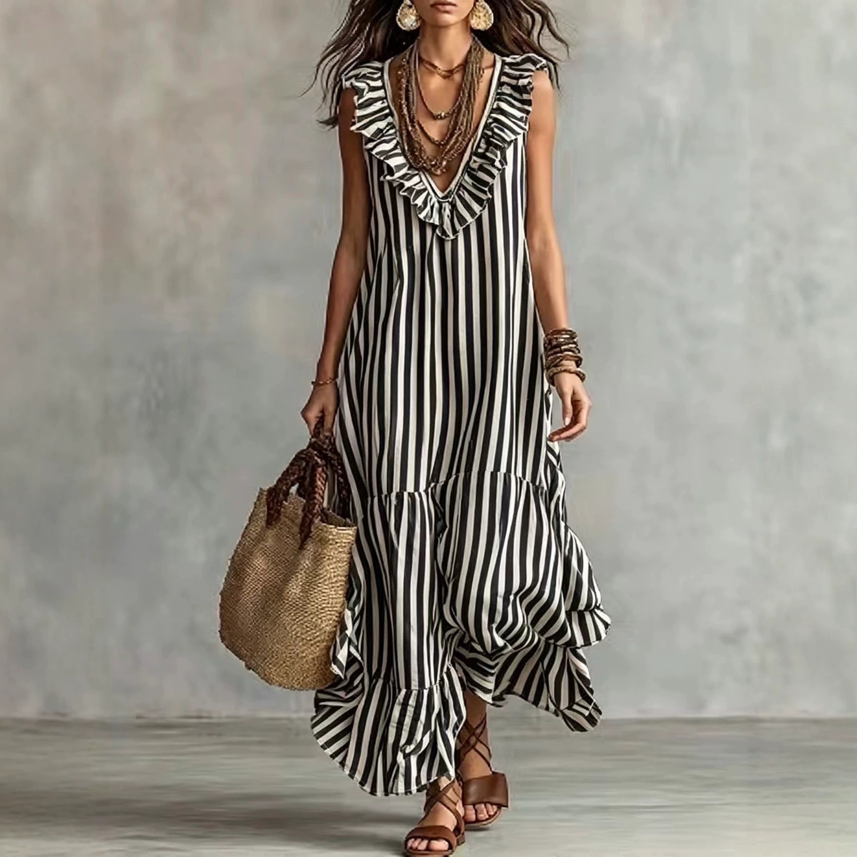 Striped Ruffle V-Neck Sleeveless Maxi Dress
