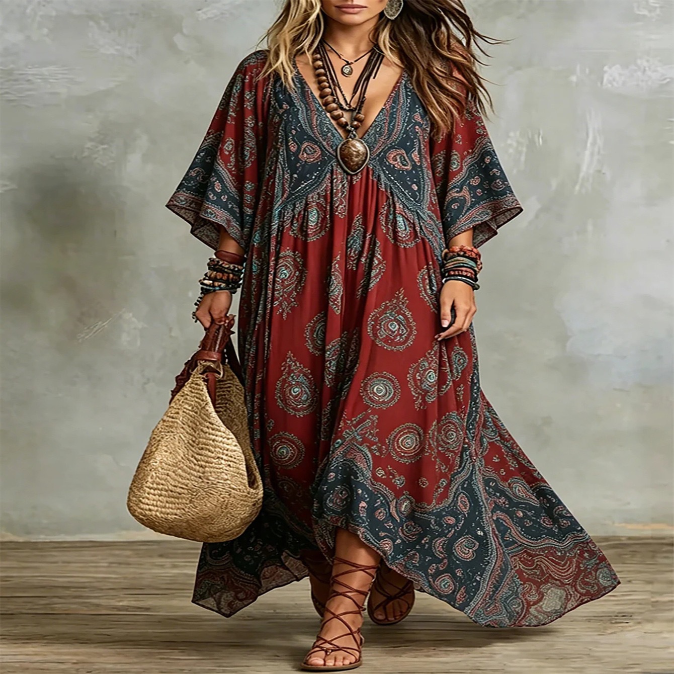 Bohemian Sleeveless V-Neck Printed Maxi Dress Retro Style