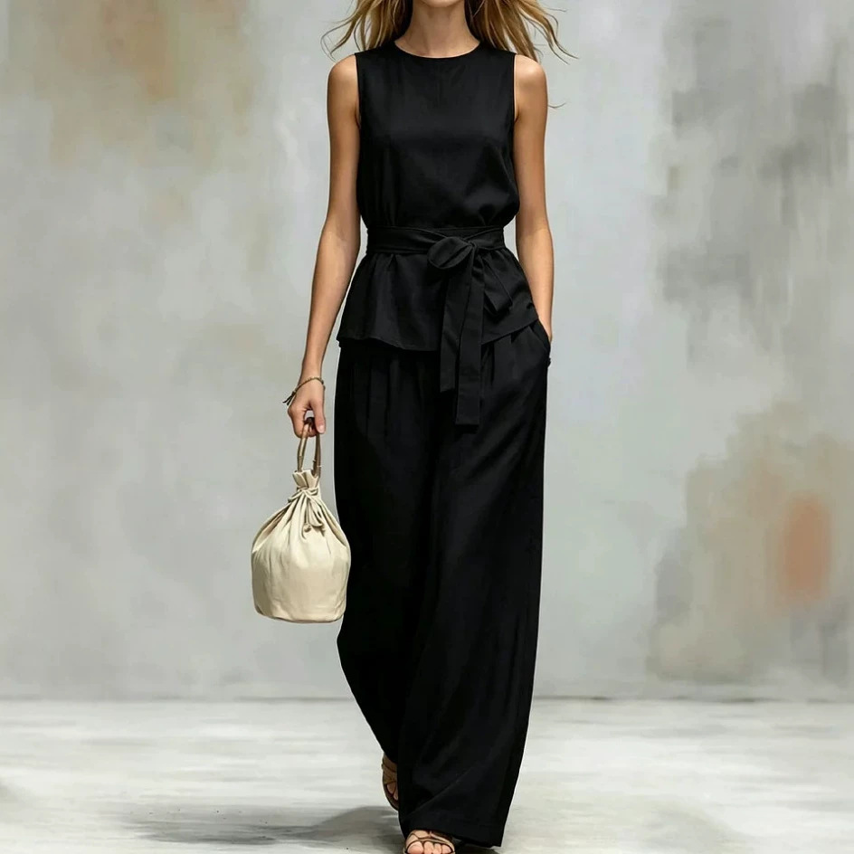Women's Sleeveless Top and Belted Pants Two-Piece Set