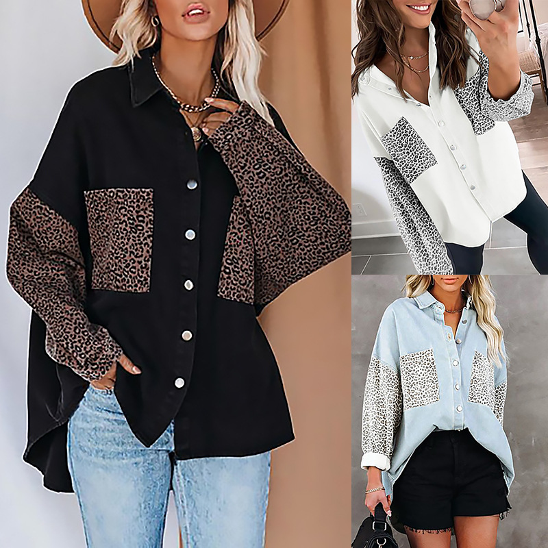 Leopard Print Long Sleeve Button-Front Collared Cardigan Loose Plus Size Coat
