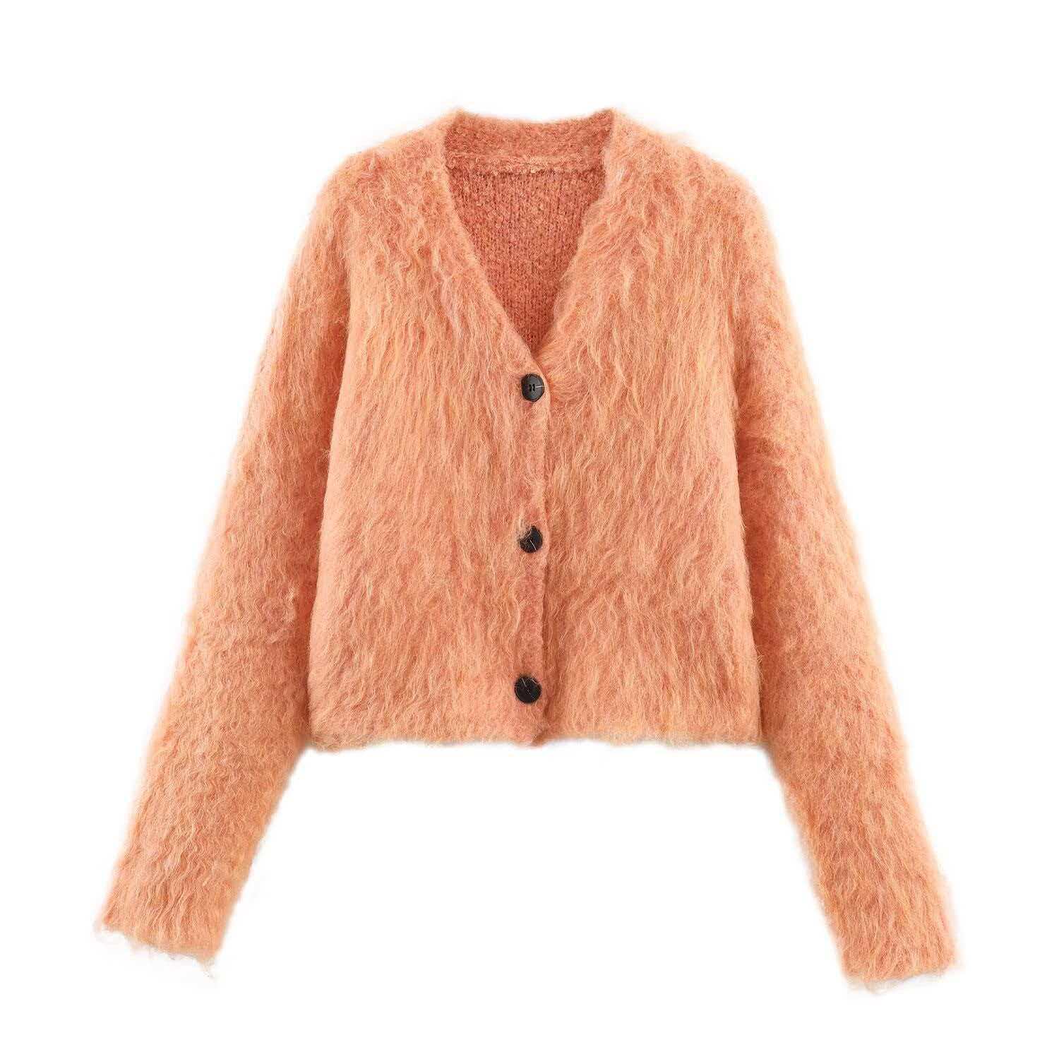 Fuzzy V-Neck Knit Cardigan Sweater