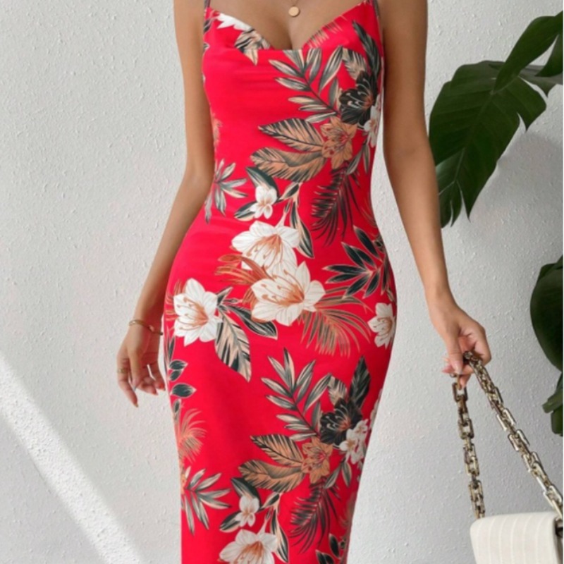 Women's Printed Side-Slit Midi Cami Dress