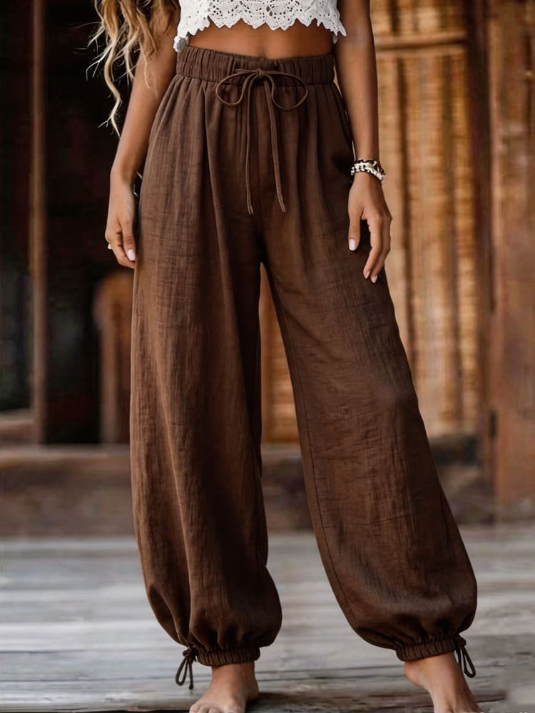 Women's Summer Lightweight Loose Straight-Leg Pants Solid Color High-Waist