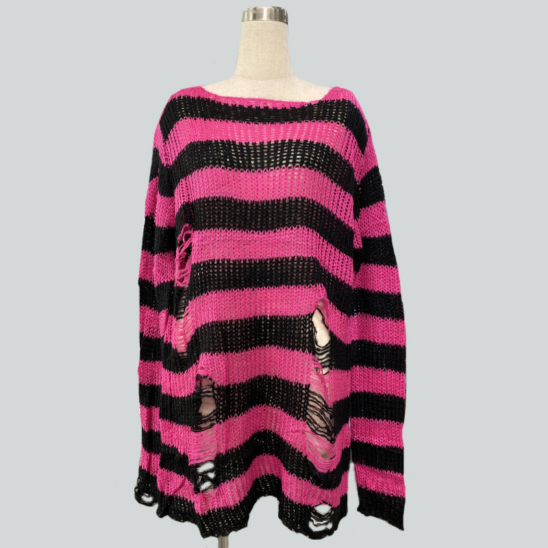 Mohair-Blend Striped Oversized Pullover Sweater Women's Mid-Length Knit