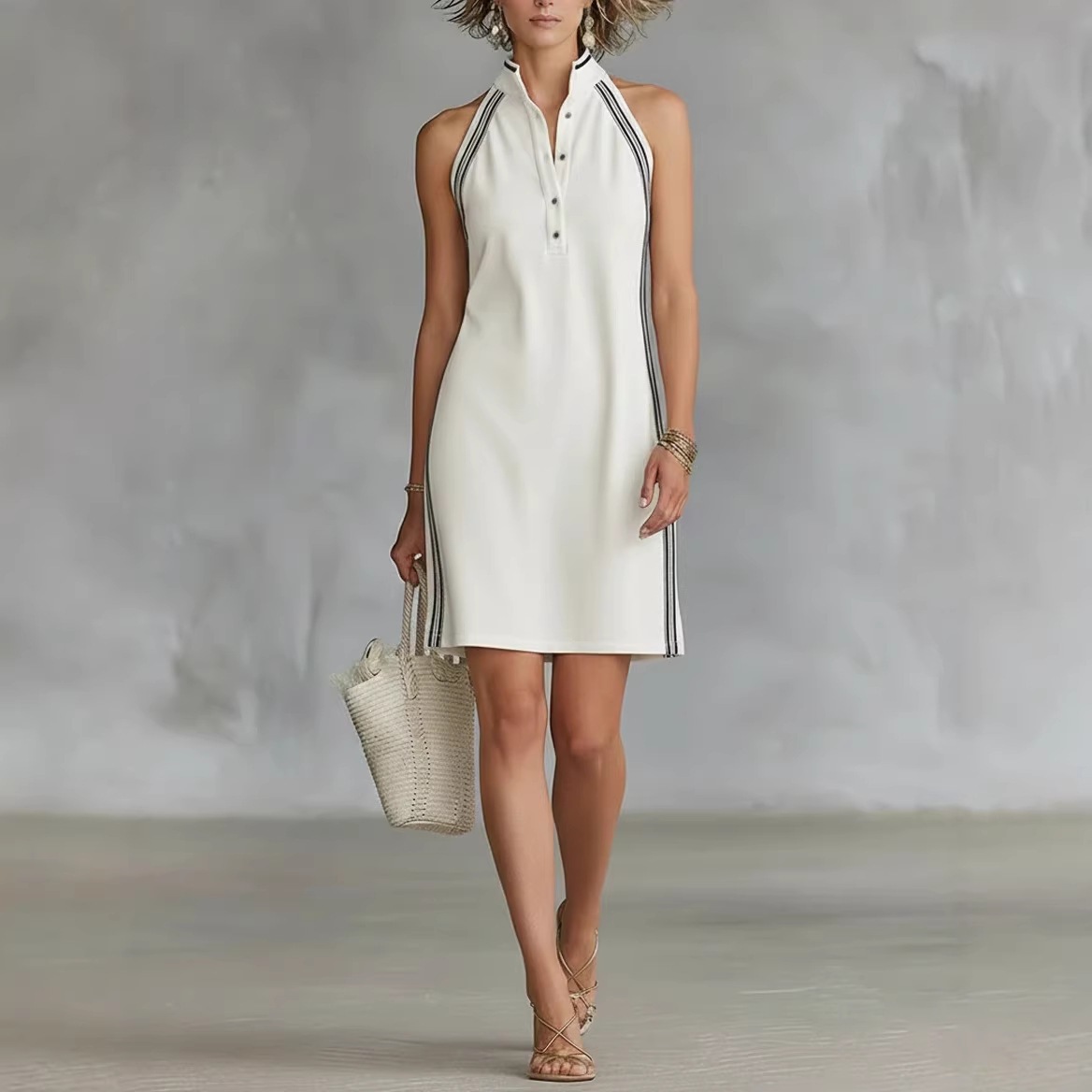 Solid Sleeveless Button Stand Collar Mini Dress