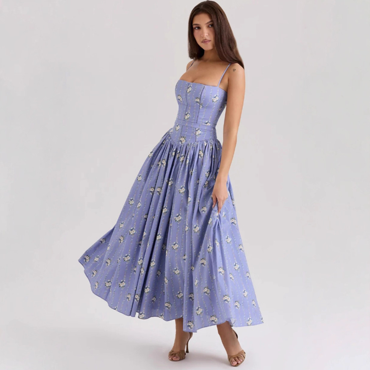 Floral Sleeveless Slip Dress Slimming Elegant Midi Dress for Women