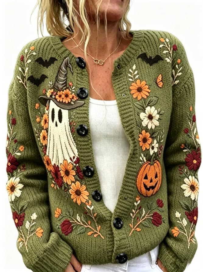 Women's Halloween Ghost Pumpkin Castle Floral Print Cardigan