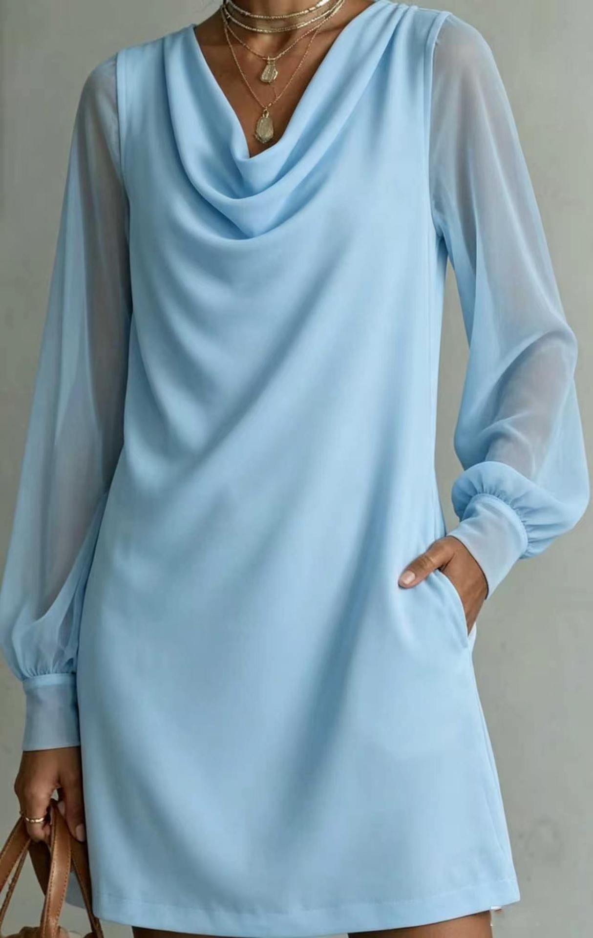 Women's Cowl Neck Sheer Mesh Long Sleeve Dress with Pockets