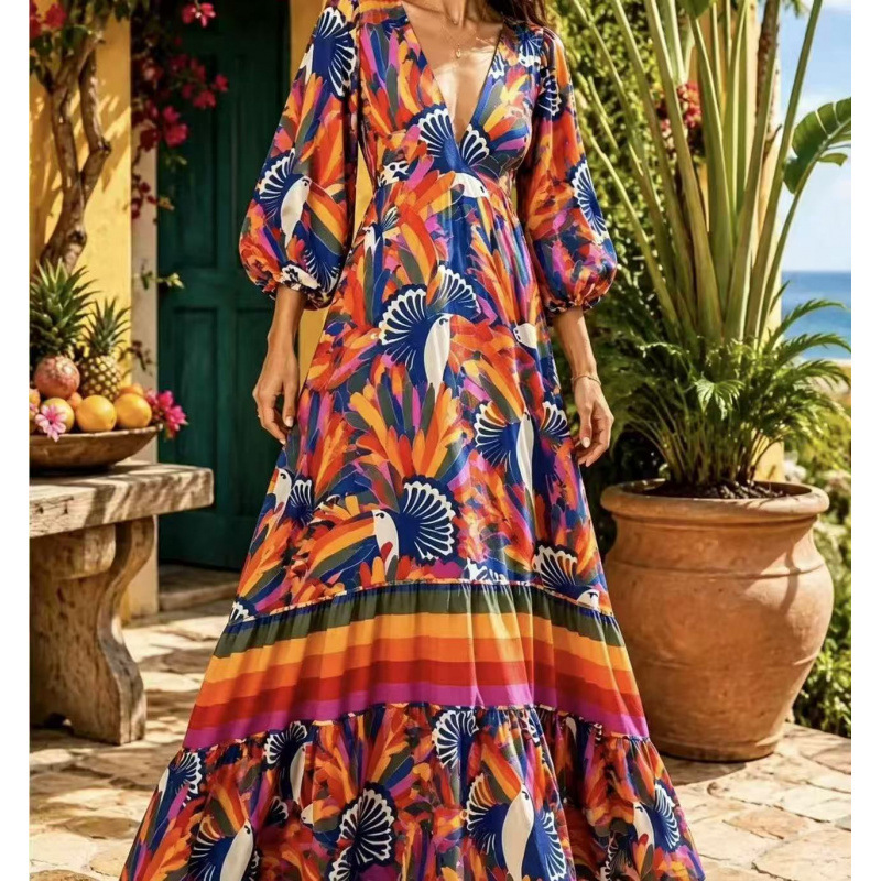 Printed V-Neck Short Sleeve Maxi Dress