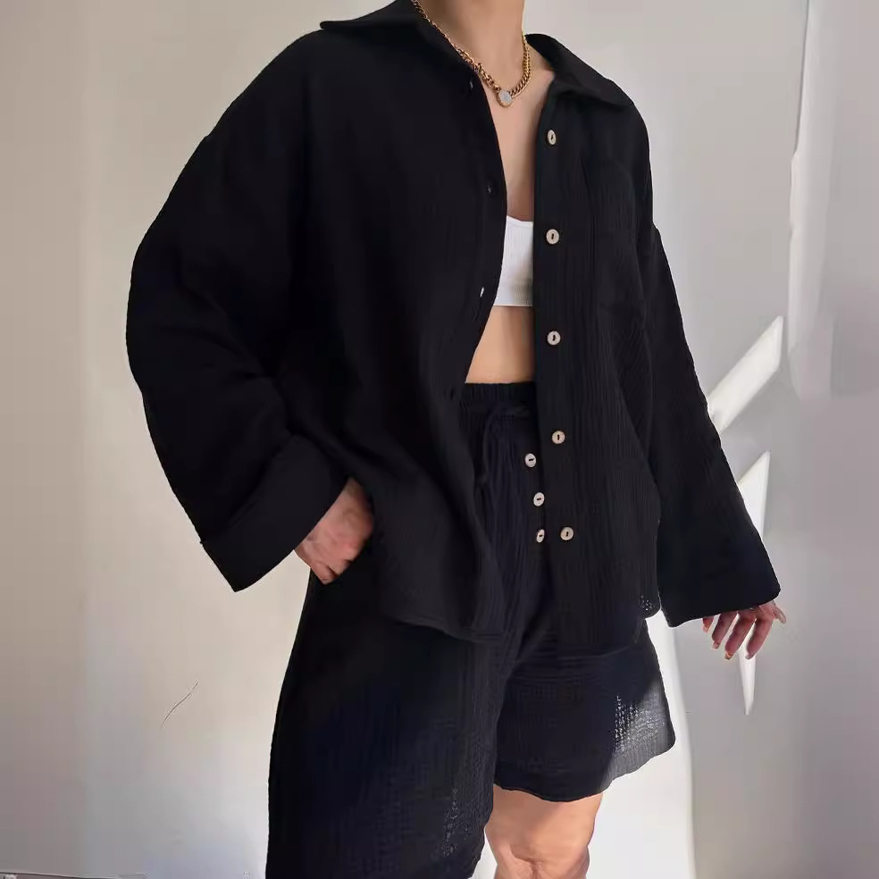 Women's Textured Collared Long Sleeve Shirt and Drawstring Shorts Set