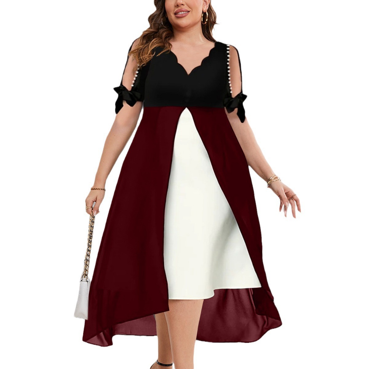 Plus Size V-Neck Faux Two-Piece Asymmetric Midi Dress