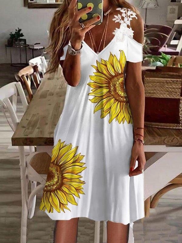 Women's Floral Print Off-Shoulder Lace Short Sleeve Dress