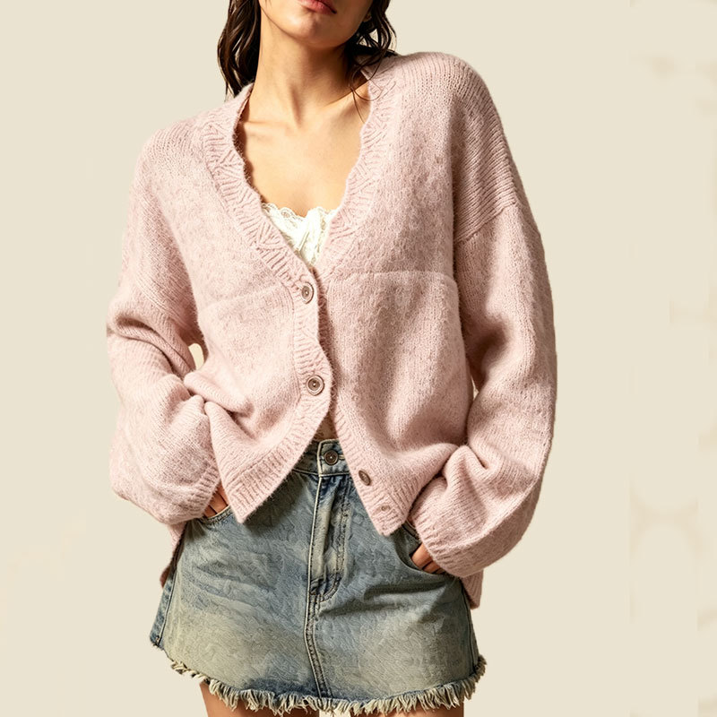 Women's Loose Knit Button-Front Cardigan with Pockets Long Sleeve Crew Neck
