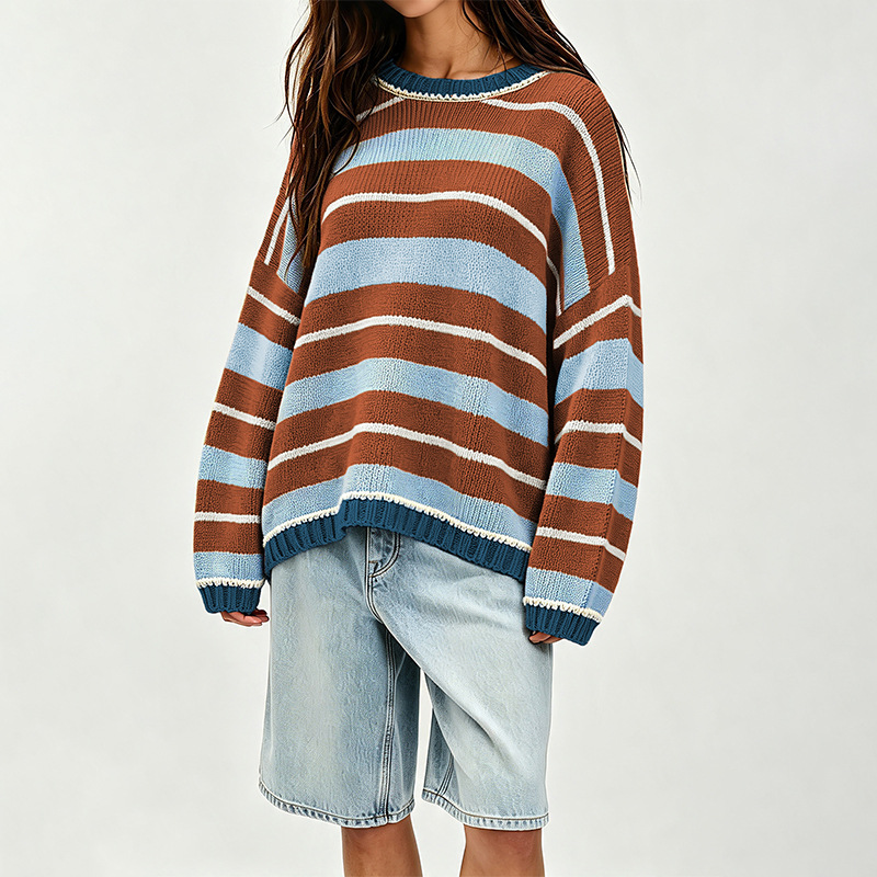 Women's Loose Crewneck Long Sleeve Knit Top Colorblock