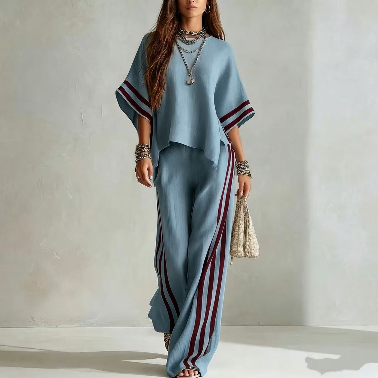 Women's Striped Two-Piece Wide-Leg Pants Set Casual Colorblock