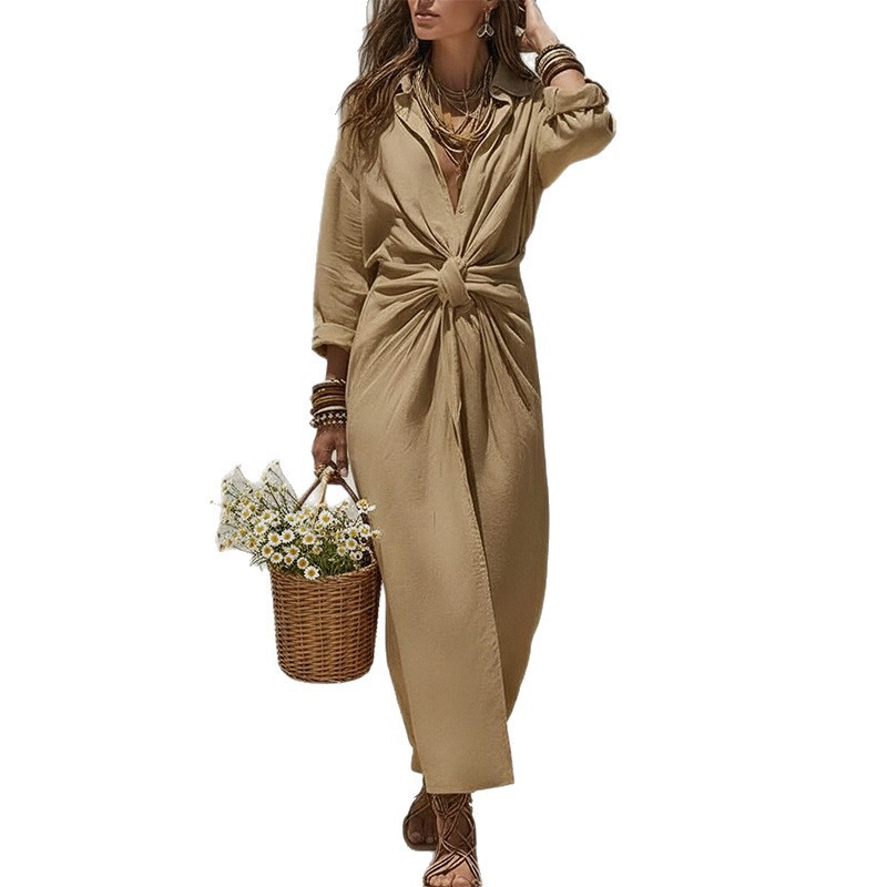 Women's Casual Solid Shirt-Collar Long Dress Single-Breasted Pleated Long-Sleeve