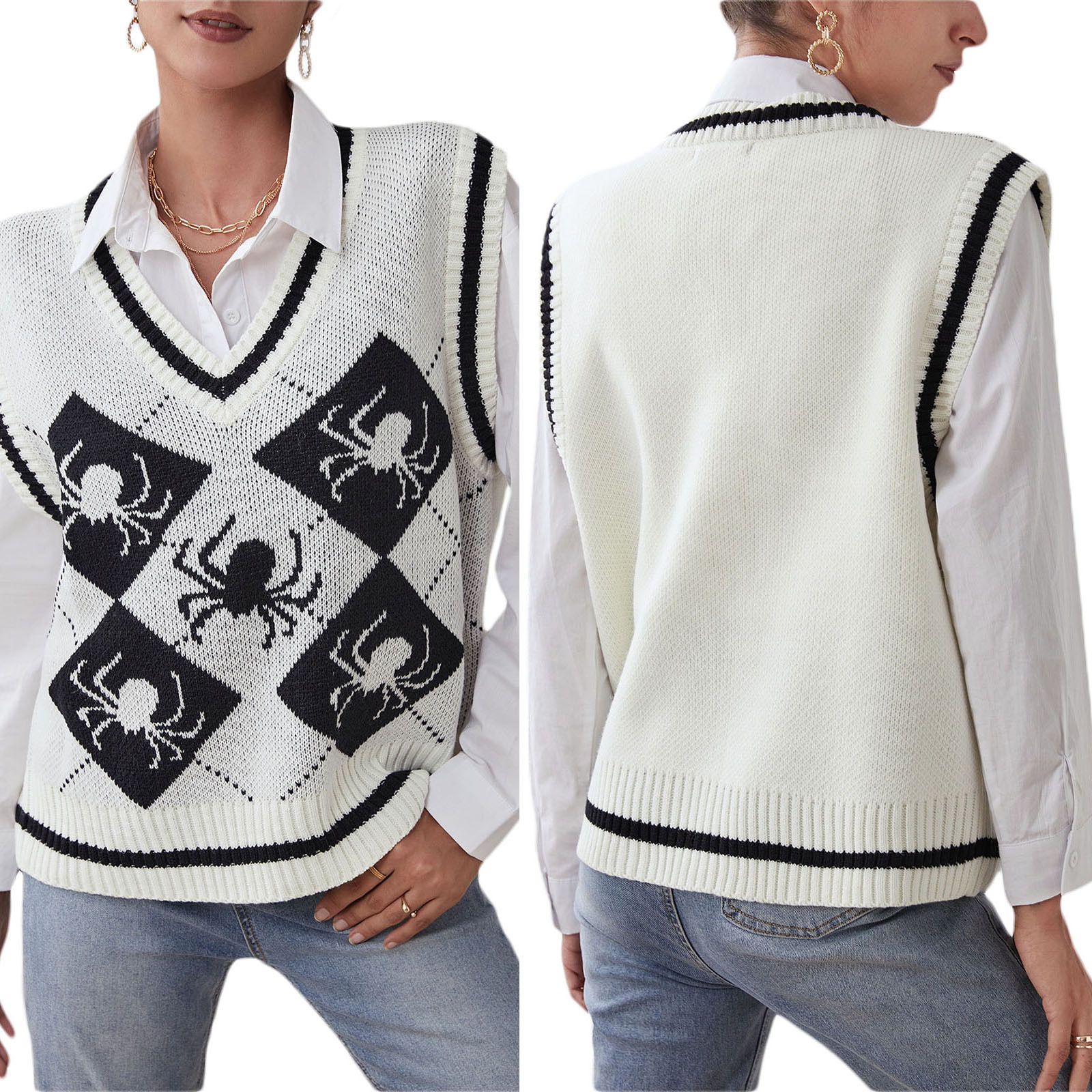 V-Neck Sleeveless Knit Sweater Vest with Spider Pattern