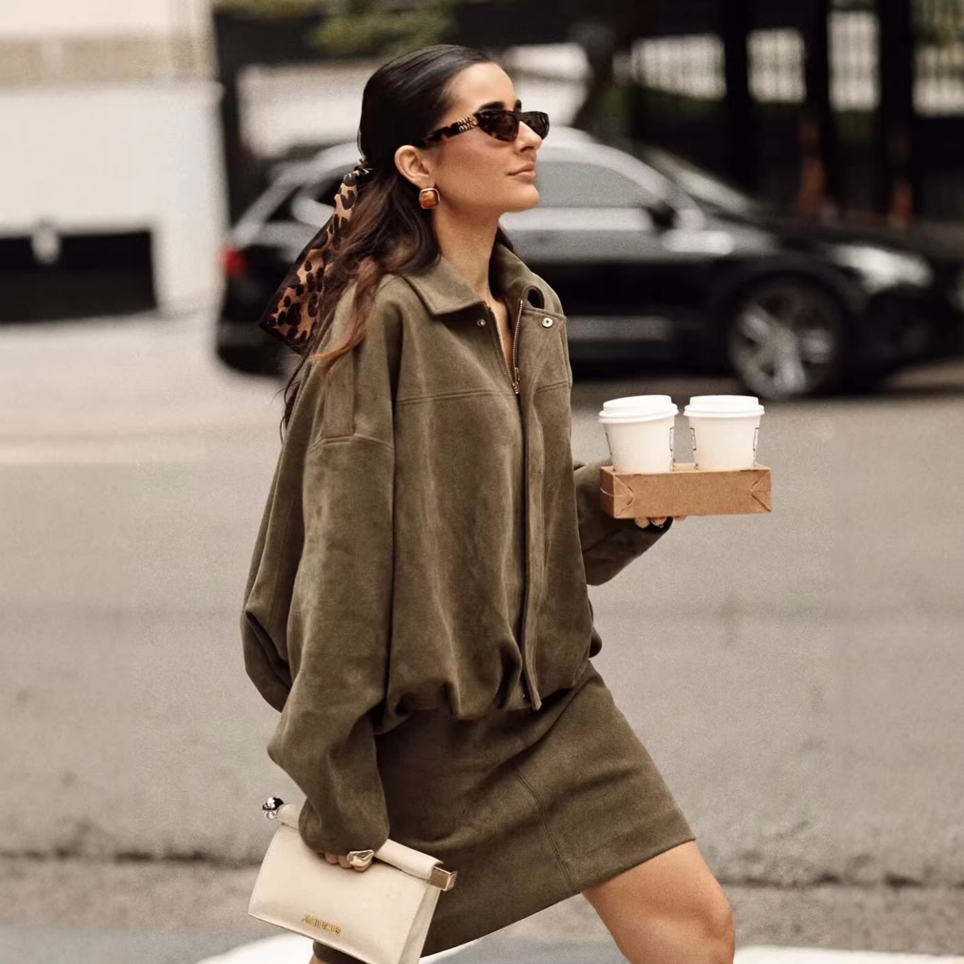 Suede-Feel Collared Bomber Jacket for Women