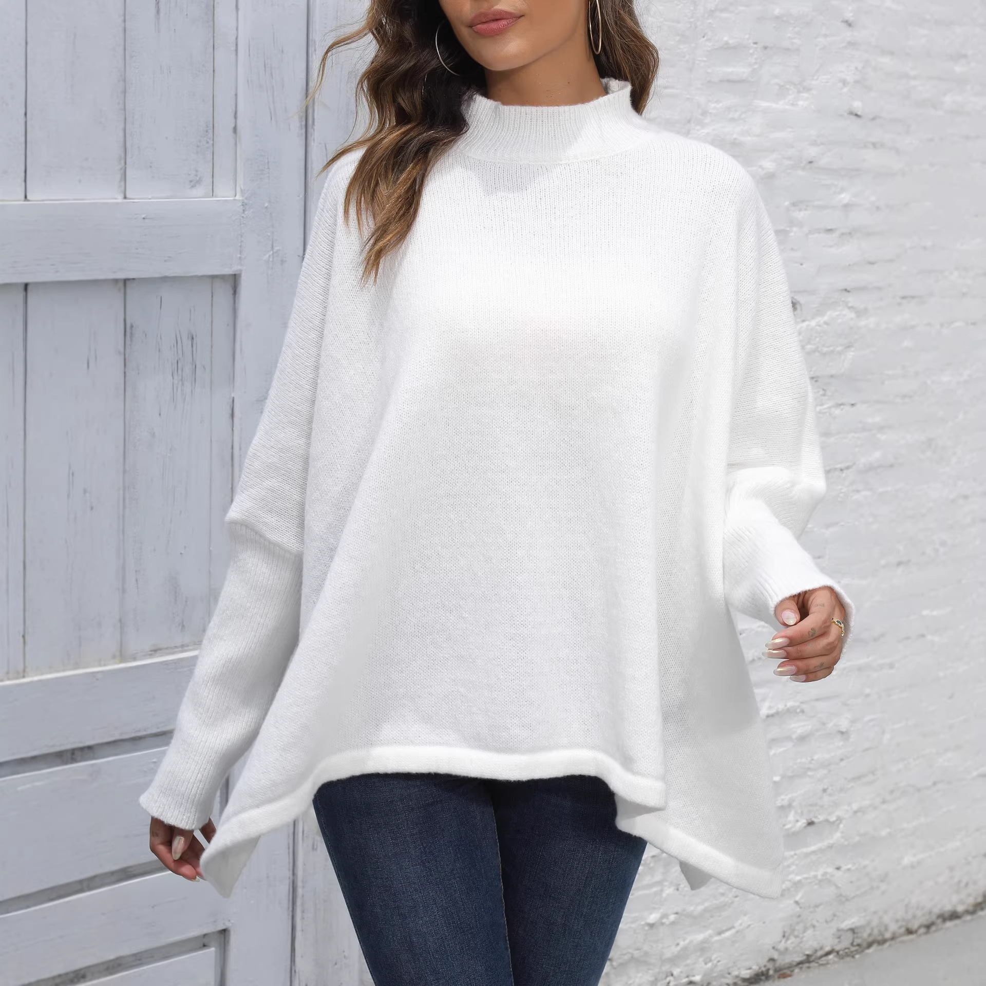 Women's Oversized Batwing Sleeve Split Hem Half Turtleneck Sweater