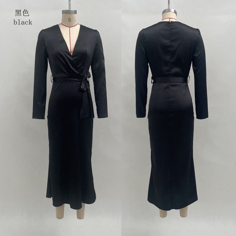 Slim-Fit V-Neck High-Waist Tie Long Dress