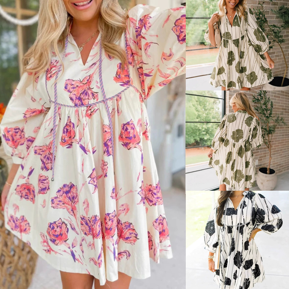 Floral Print Puff Sleeve Waist-Cinching Short Dress