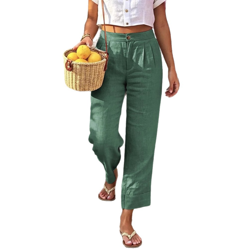 Women's Cotton-Linen Straight-Leg Cropped Pants with Button Detail