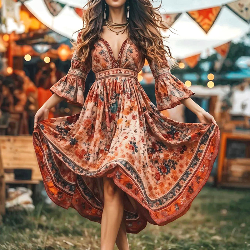 Floral Print V-Neck Bell Sleeve Long Dress