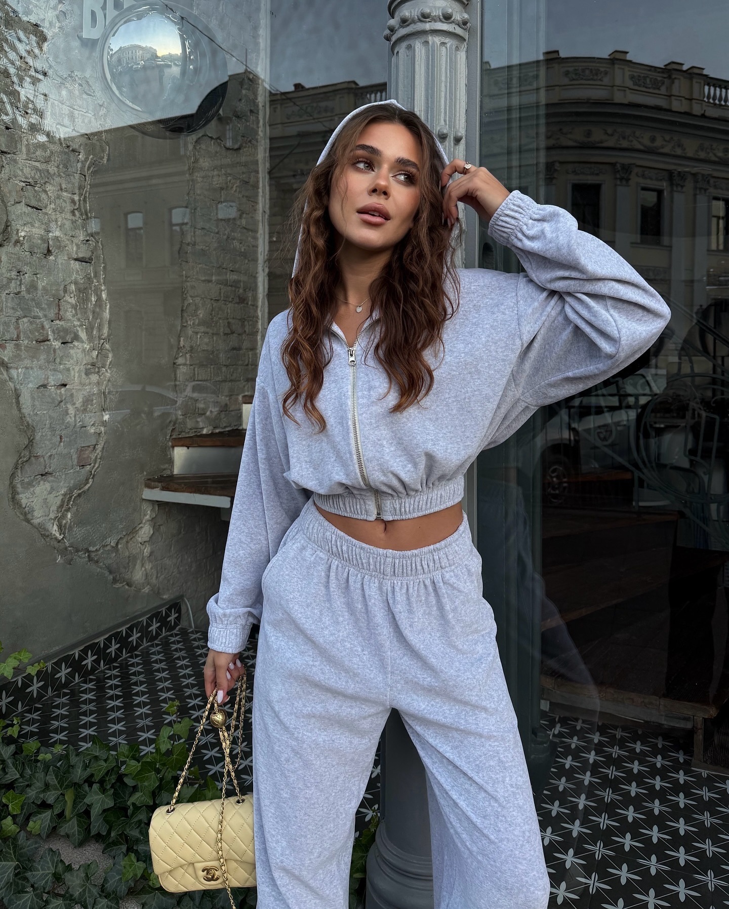 Women's Hooded Zip-Up Sweatshirt and Wide-Leg Pants Set Solid Color
